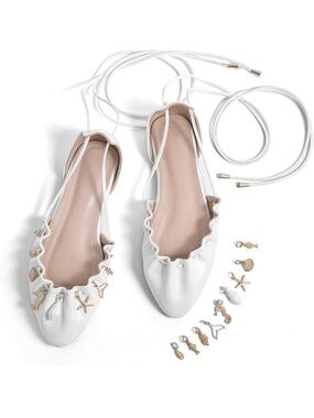 Lahamo Latso White Lace-Up Ballet Flats with Gold Sea Charm Accents
